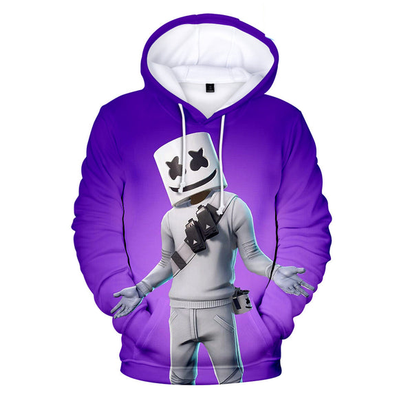 3D Print Fortnite DJ Marshmello Long Sleeve Purple Hoodie for Kids Youth Adult