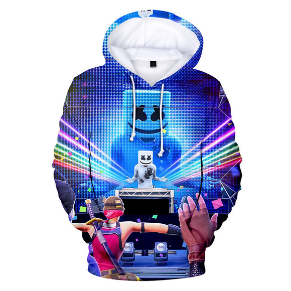 3D Fortnite DJ Marshmello on Stage Long Sleeve Hoodie for Kids Youth Adult
