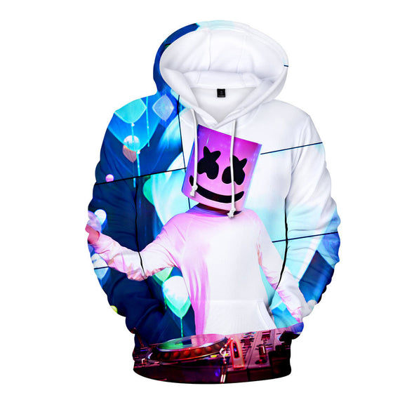 3D Fortnite DJ Marshmello White Blue Long Sleeve Hoodie for Kids Youth Adult