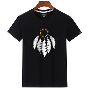 Fashion Summer Casual Cotton Tee Plain T-shirt Cream Feather Star Print