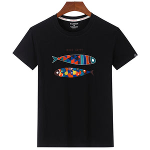 Fashion Summer Short Sleeve Cotton Casual T-shirt More Happy Fish Print