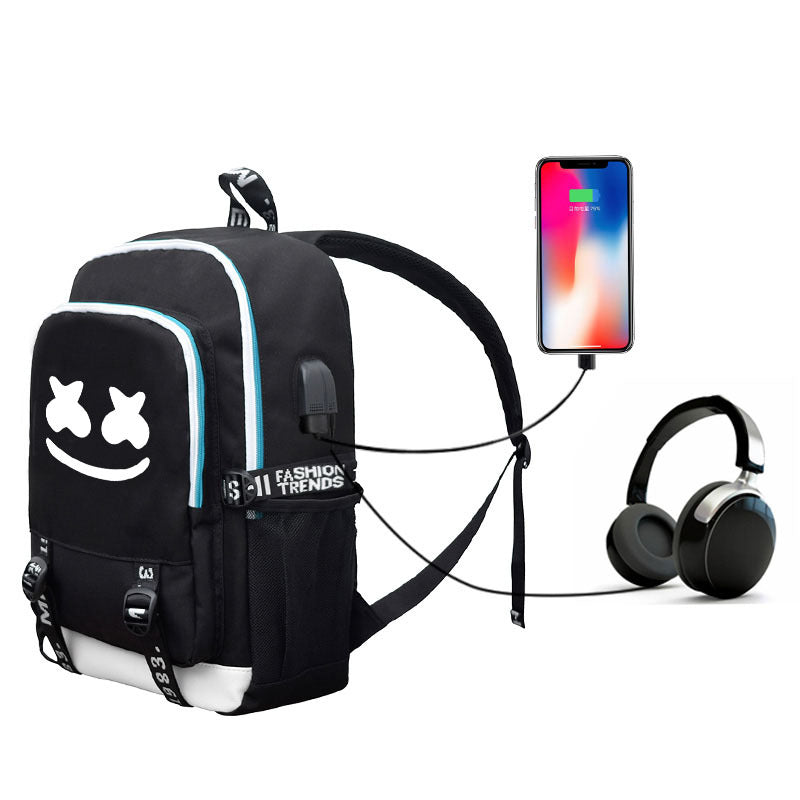 Black DJ Marshmello Backpack School Bags with USB Port