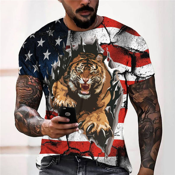 3D Graphic Prints Flag Tiger Design Men's T-Shirt Short Sleeve Tops
